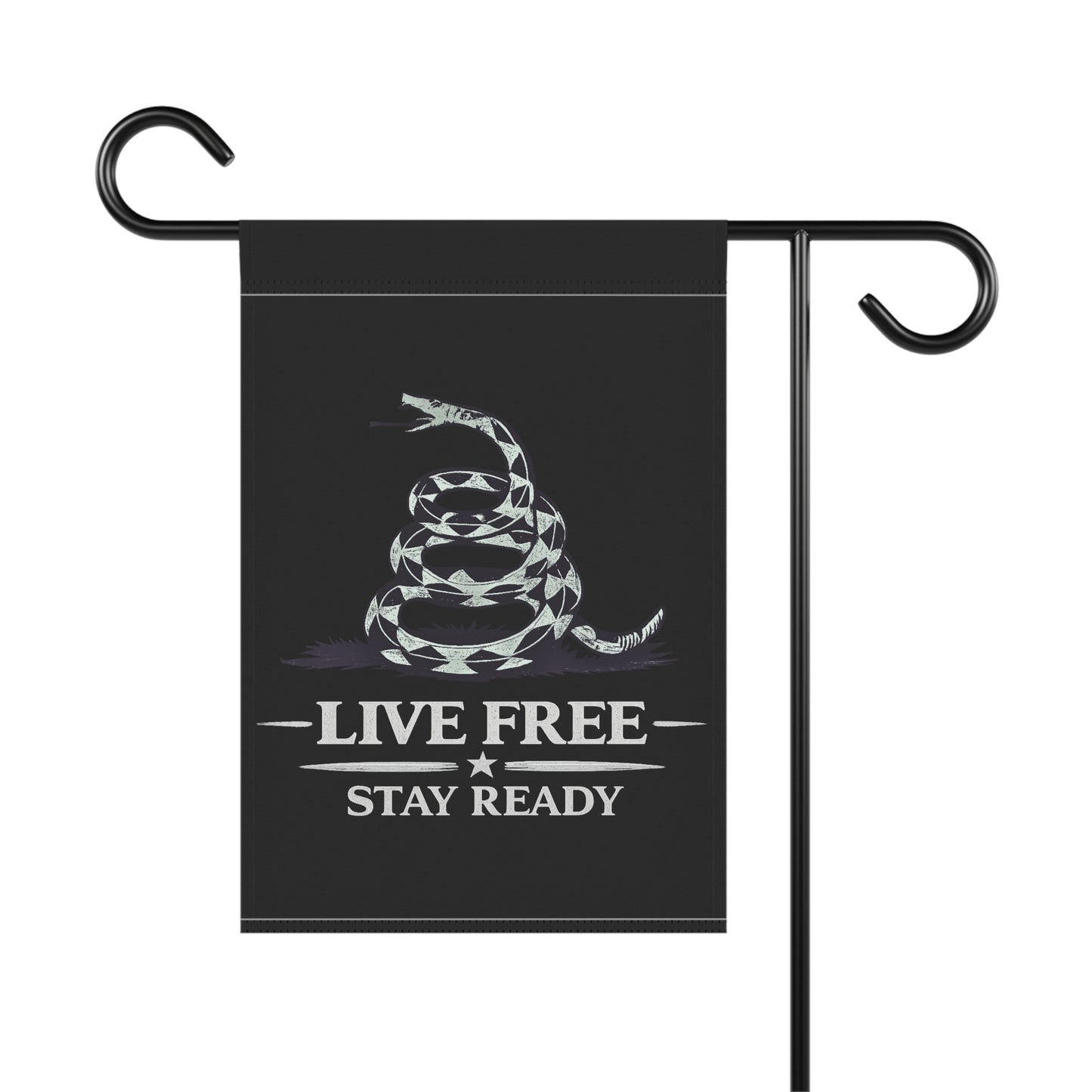 Live Free Stay Ready Garden Flag — Patriotic Coiled Snake Outdoor Banner