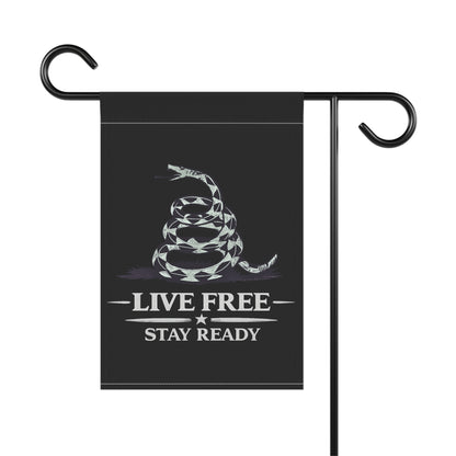 Live Free Stay Ready Garden Flag — Patriotic Coiled Snake Outdoor Banner