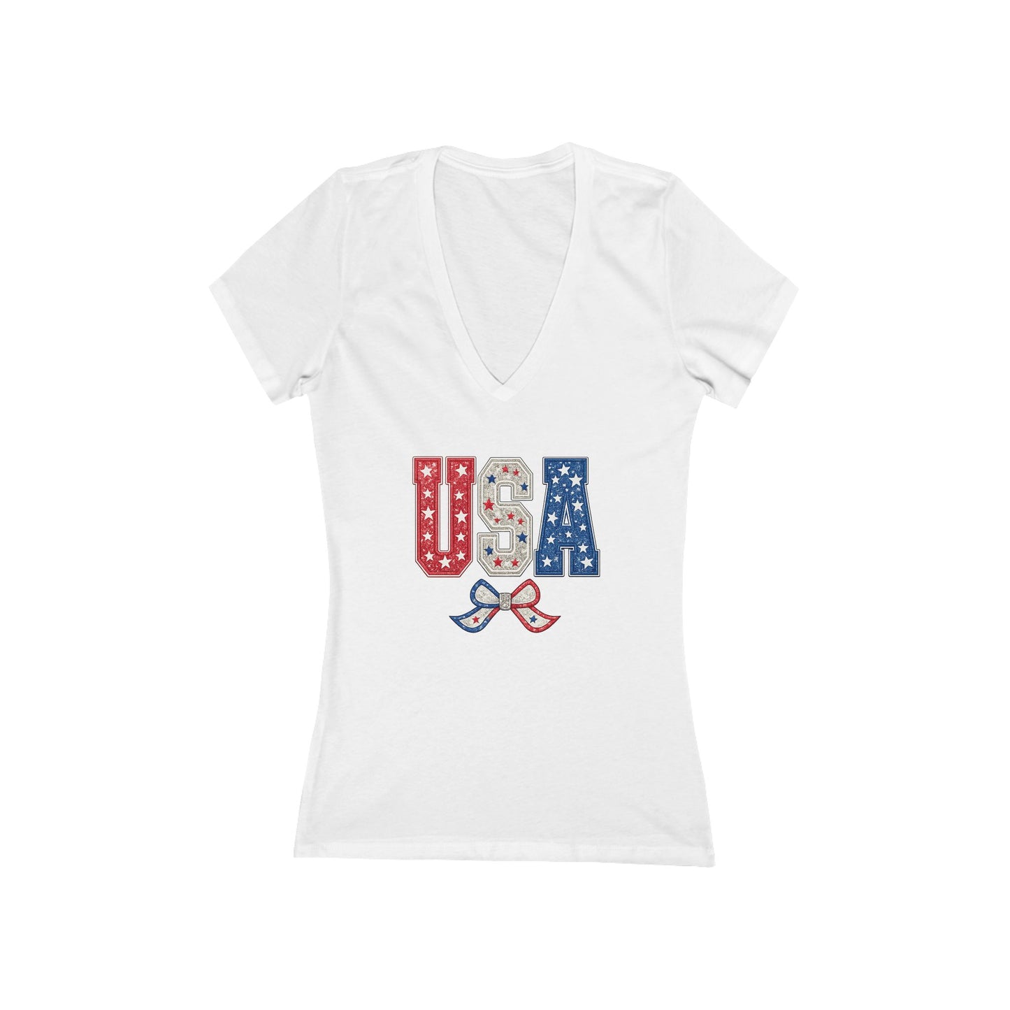 USA Patriotic Women's V‑Neck Tee — Red White Blue Stars & Ribbon