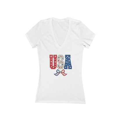 USA Patriotic Women's V‑Neck Tee — Red White Blue Stars & Ribbon