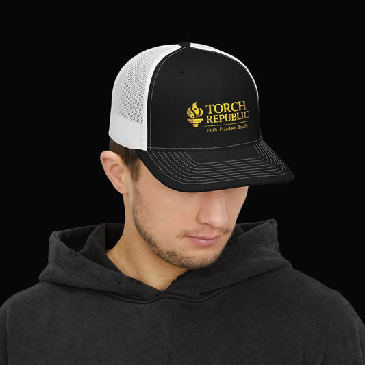 Torch Republic Embroidered Trucker Cap — Patriotic Mesh Snapback Hat Printify