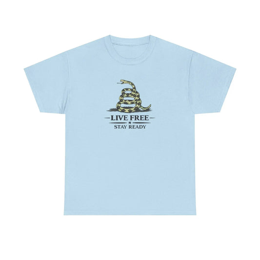 T-Shirt — "Live Free Stay Ready" Gadsden Snake Patriotic Tee Printify