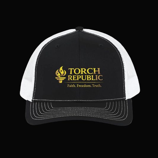Torch Republic Embroidered Trucker Cap — Patriotic Mesh Snapback Hat Printify