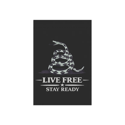 Live Free Stay Ready Garden Flag — Patriotic Coiled Snake Outdoor Banner