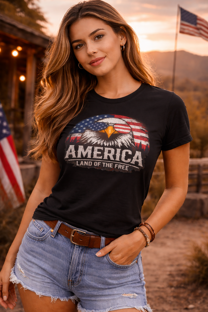 America Land of the Free Tee — Patriotic Eagle T-Shirt for Women