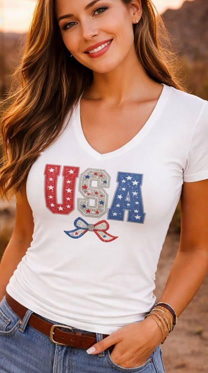 USA Patriotic Women's V‑Neck Tee — Red White Blue Stars & Ribbon