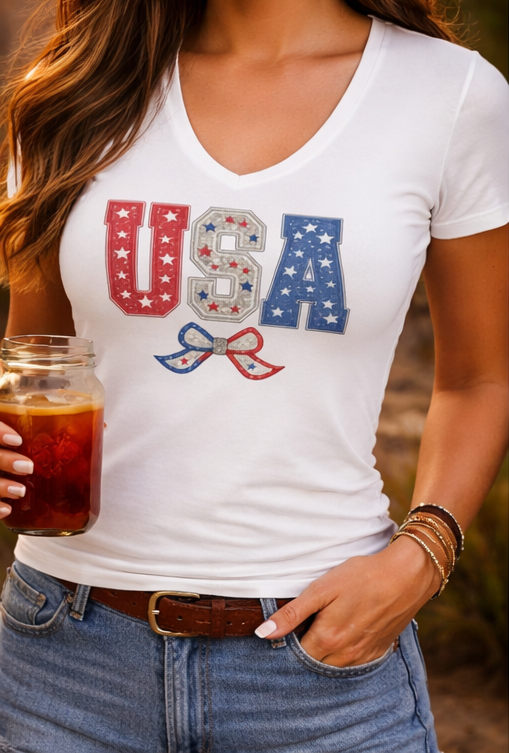 USA Patriotic Women's V‑Neck Tee — Red White Blue Stars & Ribbon