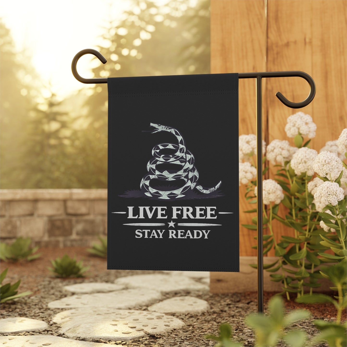 Live Free Stay Ready Garden Flag — Patriotic Coiled Snake Outdoor Banner
