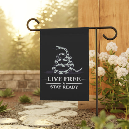 Live Free Stay Ready Garden Flag — Patriotic Coiled Snake Outdoor Banner