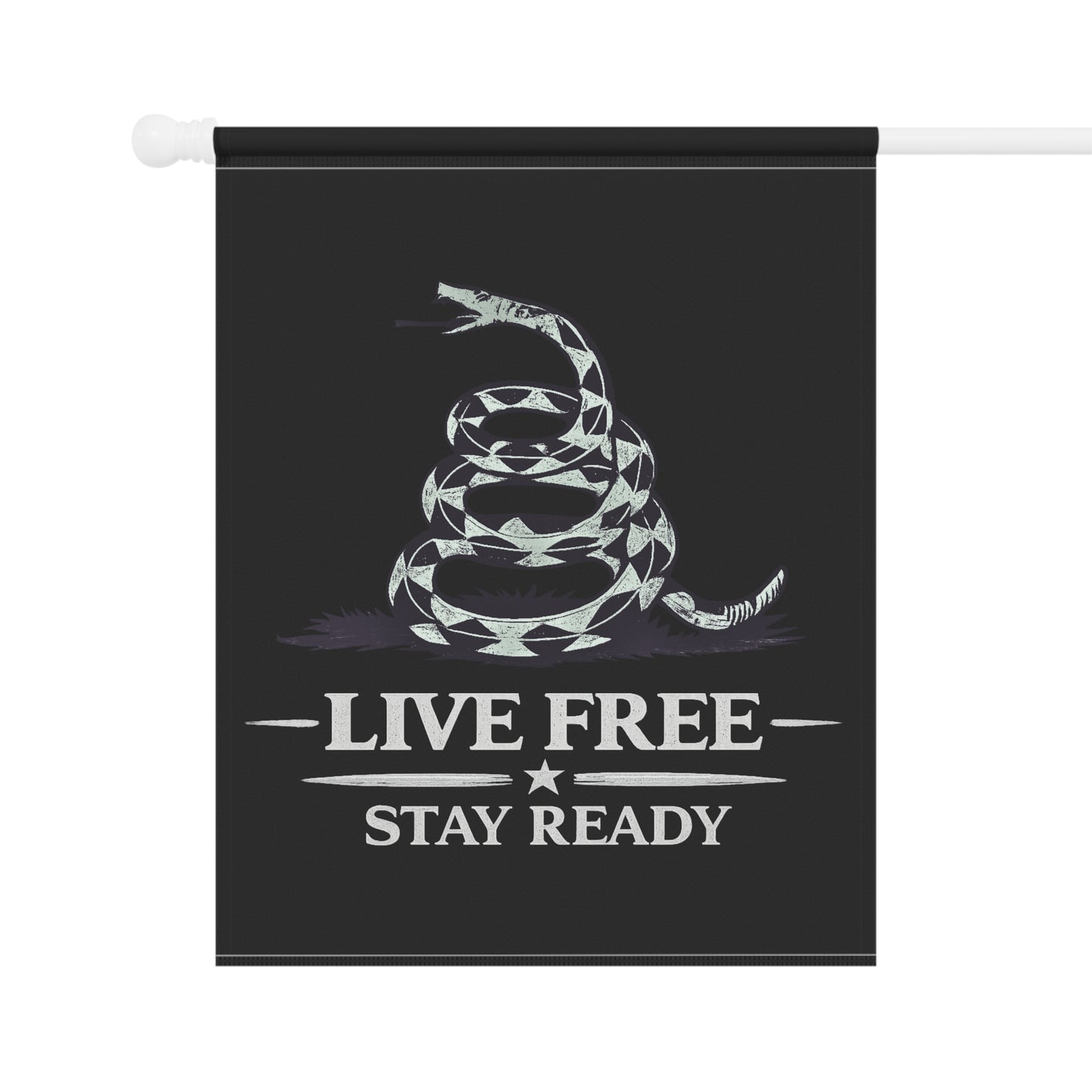 Live Free Stay Ready Garden Flag — Patriotic Coiled Snake Outdoor Banner