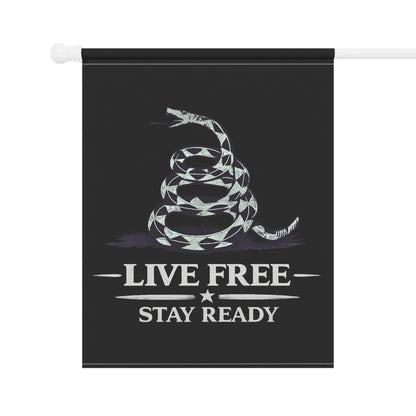 Live Free Stay Ready Garden Flag — Patriotic Coiled Snake Outdoor Banner