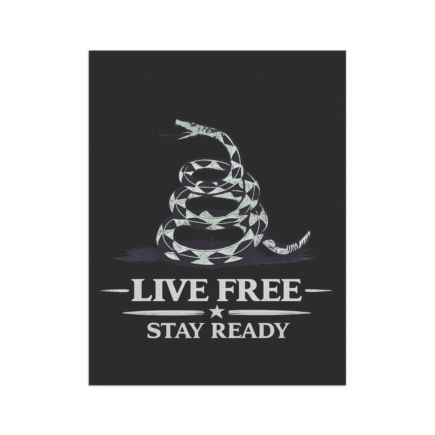 Live Free Stay Ready Garden Flag — Patriotic Coiled Snake Outdoor Banner