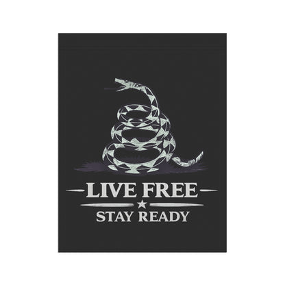 Live Free Stay Ready Garden Flag — Patriotic Coiled Snake Outdoor Banner