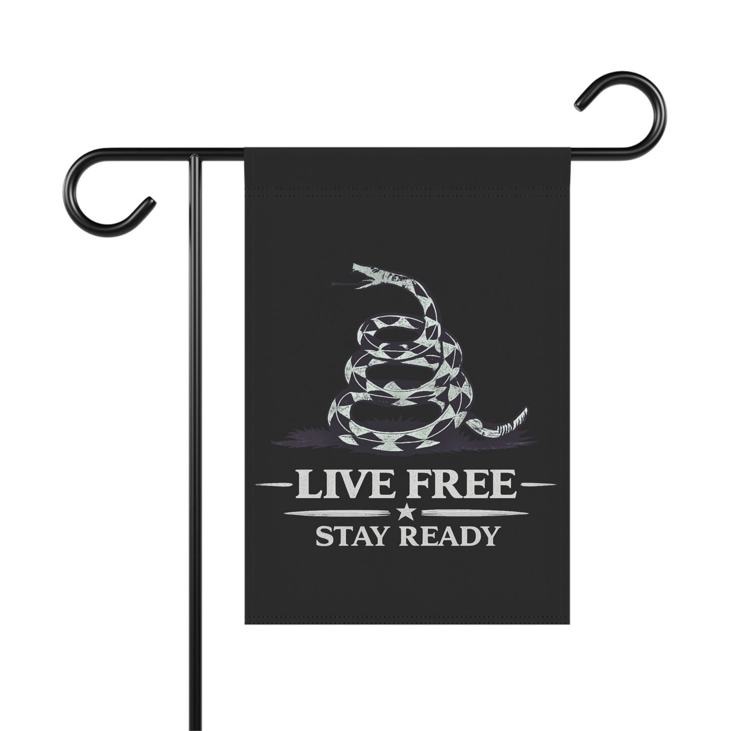 Live Free Stay Ready Garden Flag — Patriotic Coiled Snake Outdoor Banner