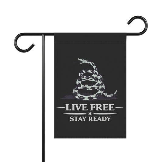 Live Free Stay Ready Garden Flag — Patriotic Coiled Snake Outdoor Banner