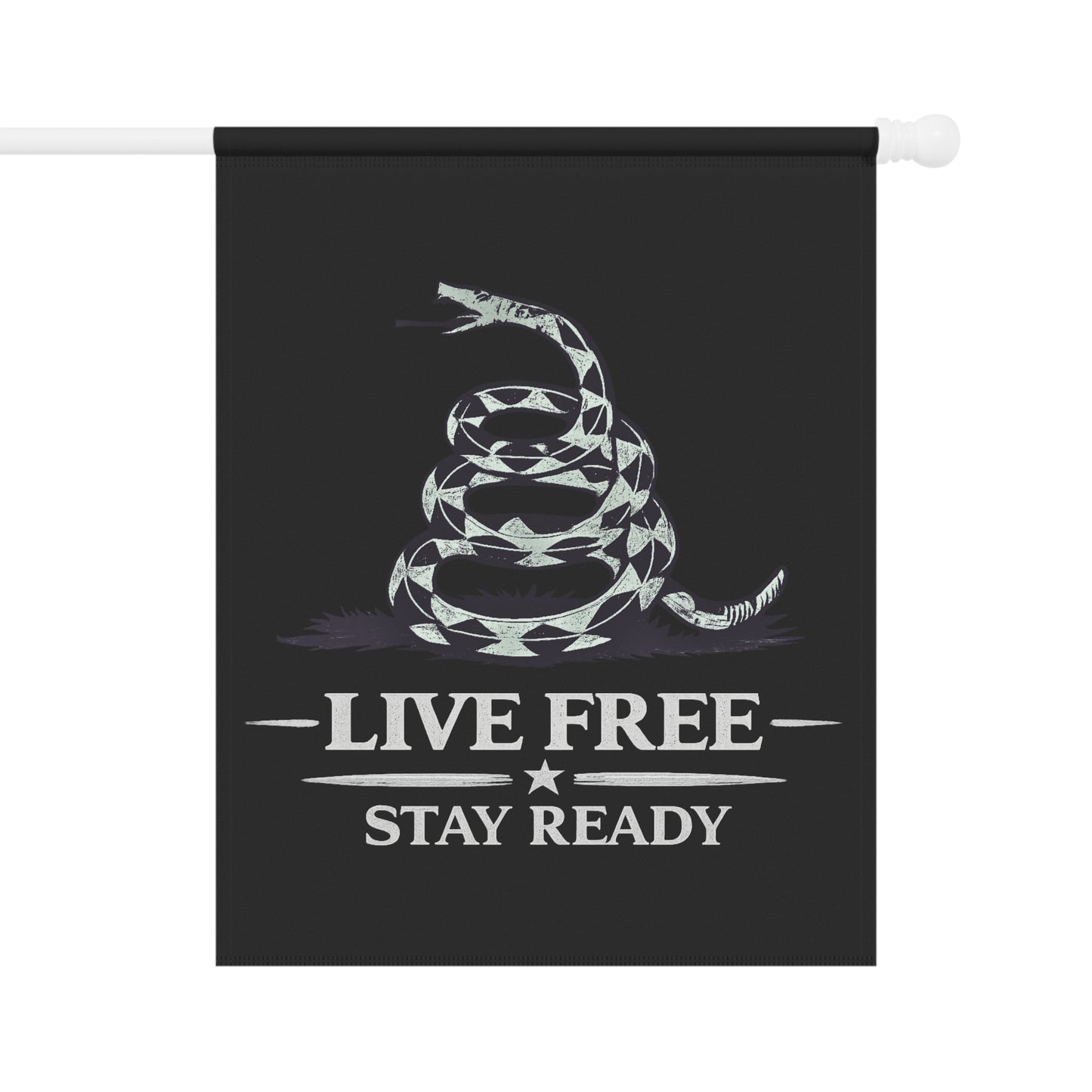 Live Free Stay Ready Garden Flag — Patriotic Coiled Snake Outdoor Banner