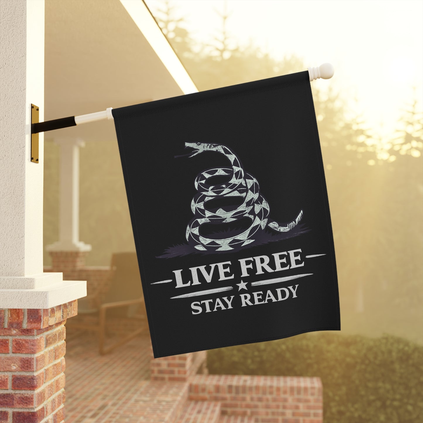 Live Free Stay Ready Garden Flag — Patriotic Coiled Snake Outdoor Banner