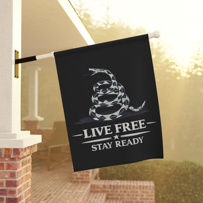 Live Free Stay Ready Garden Flag — Patriotic Coiled Snake Outdoor Banner