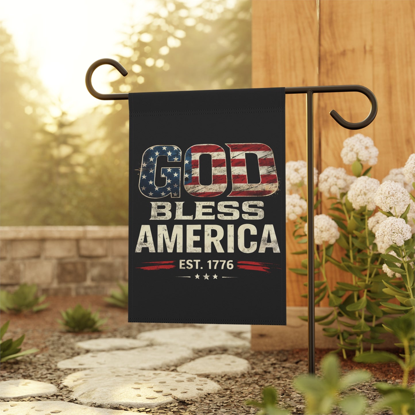 God Bless America Garden Flag — Patriotic Outdoor House Banner (Est. 1776)
