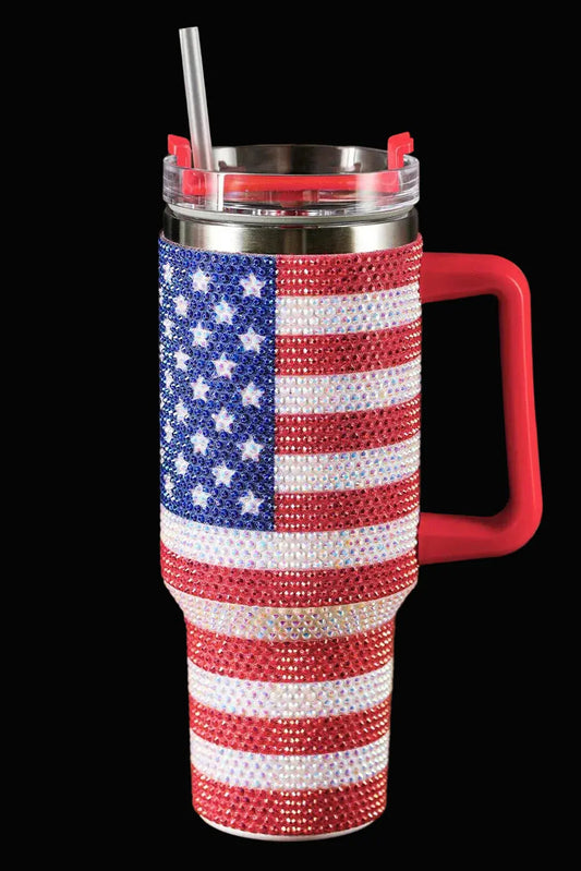 Red Rhinestone American Flag Print Handled 40oz Thermos Tumbler - LiberTees for All